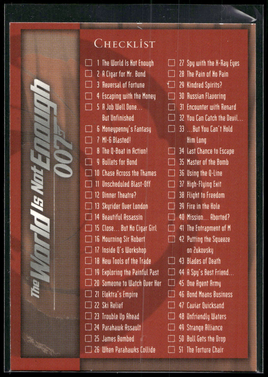 1999 Inkworks James Bond The World Is Not Enough #90 Checklist