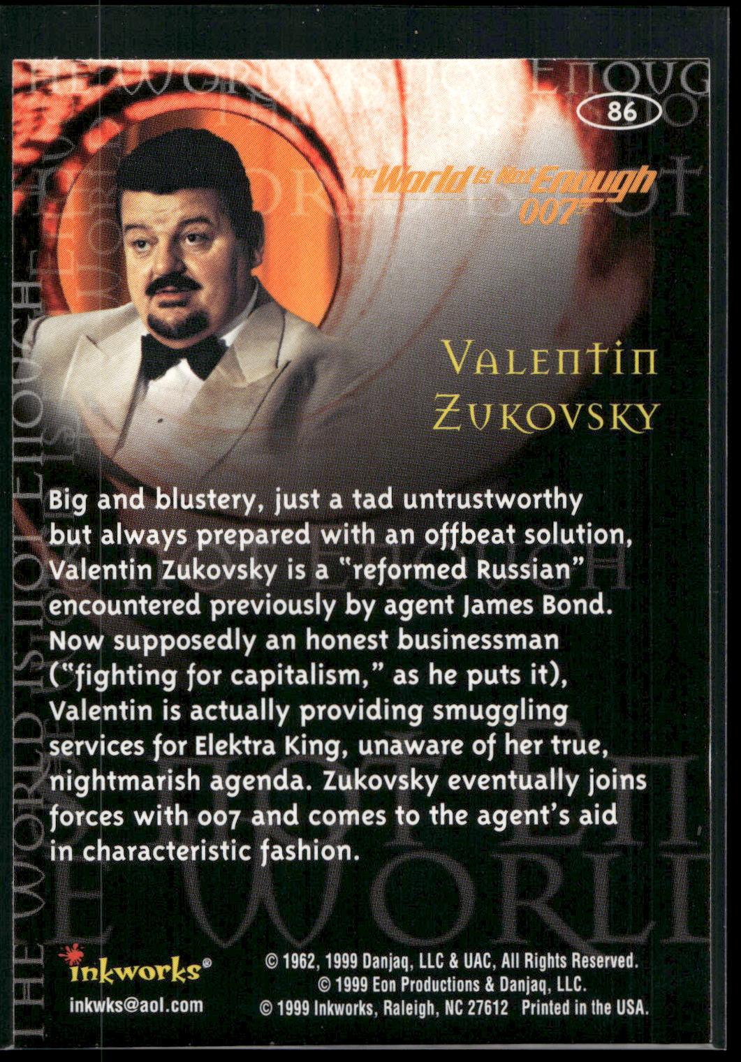 1999 Inkworks James Bond The World Is Not Enough #86 Valentin Zukovsky