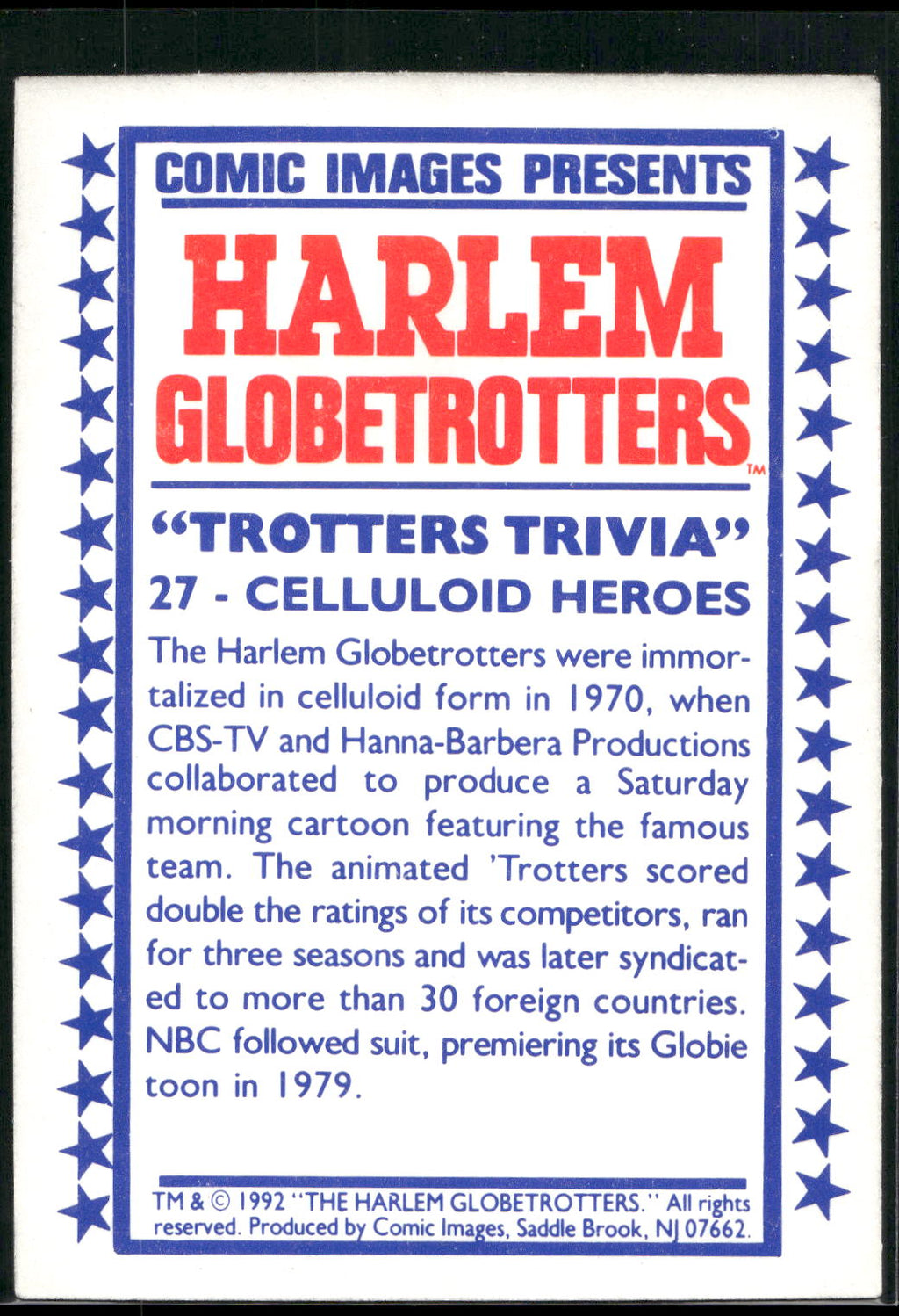1992 Comic Images Harlem Globetrotters #27 Celluloid Heroes