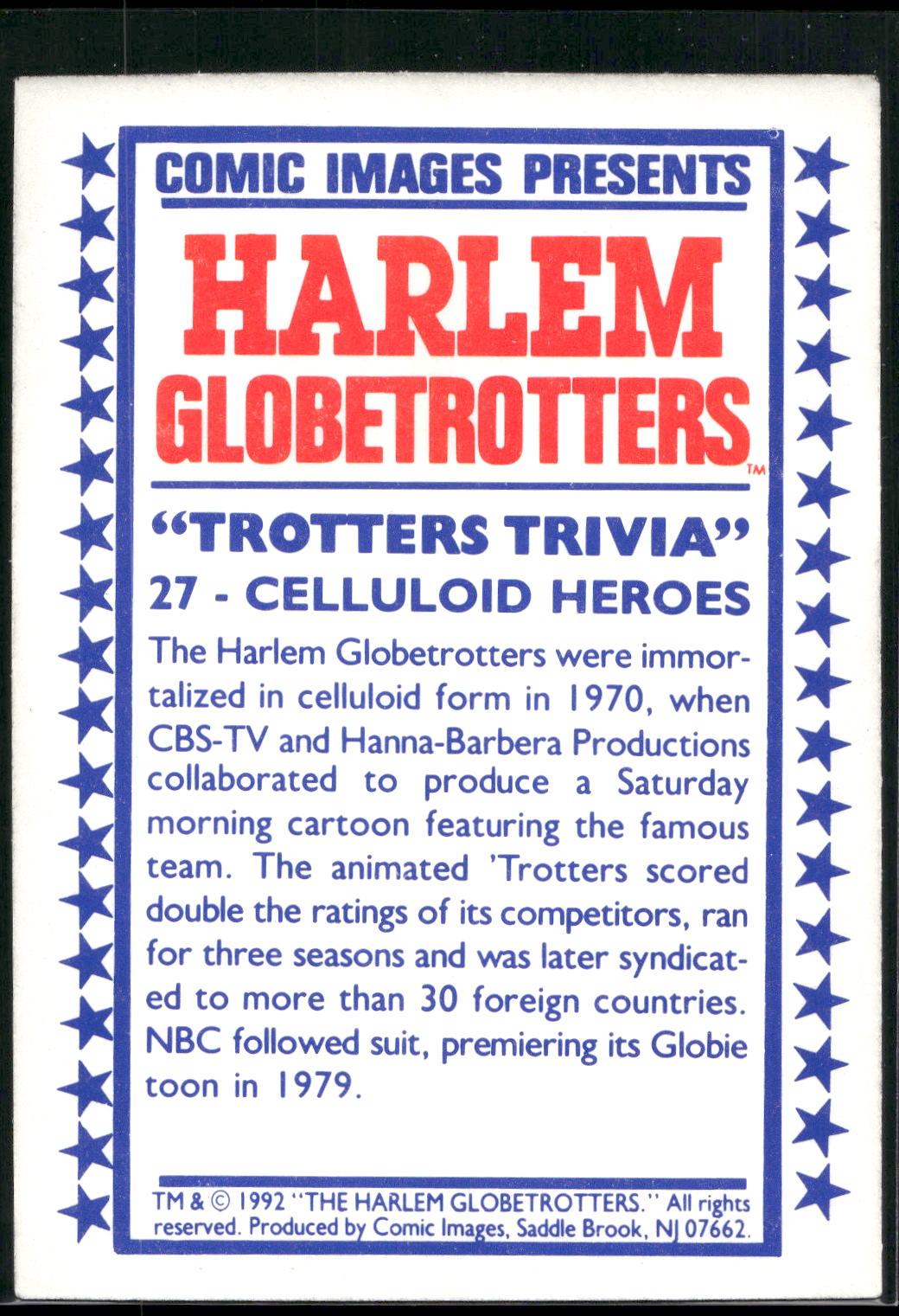 1992 Comic Images Harlem Globetrotters #27 Celluloid Heroes