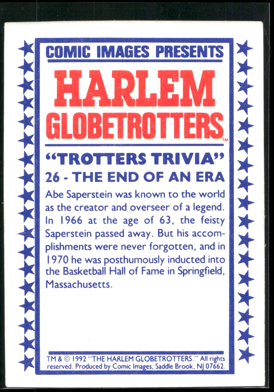 1992 Comic Images Harlem Globetrotters #26 The End of an Era