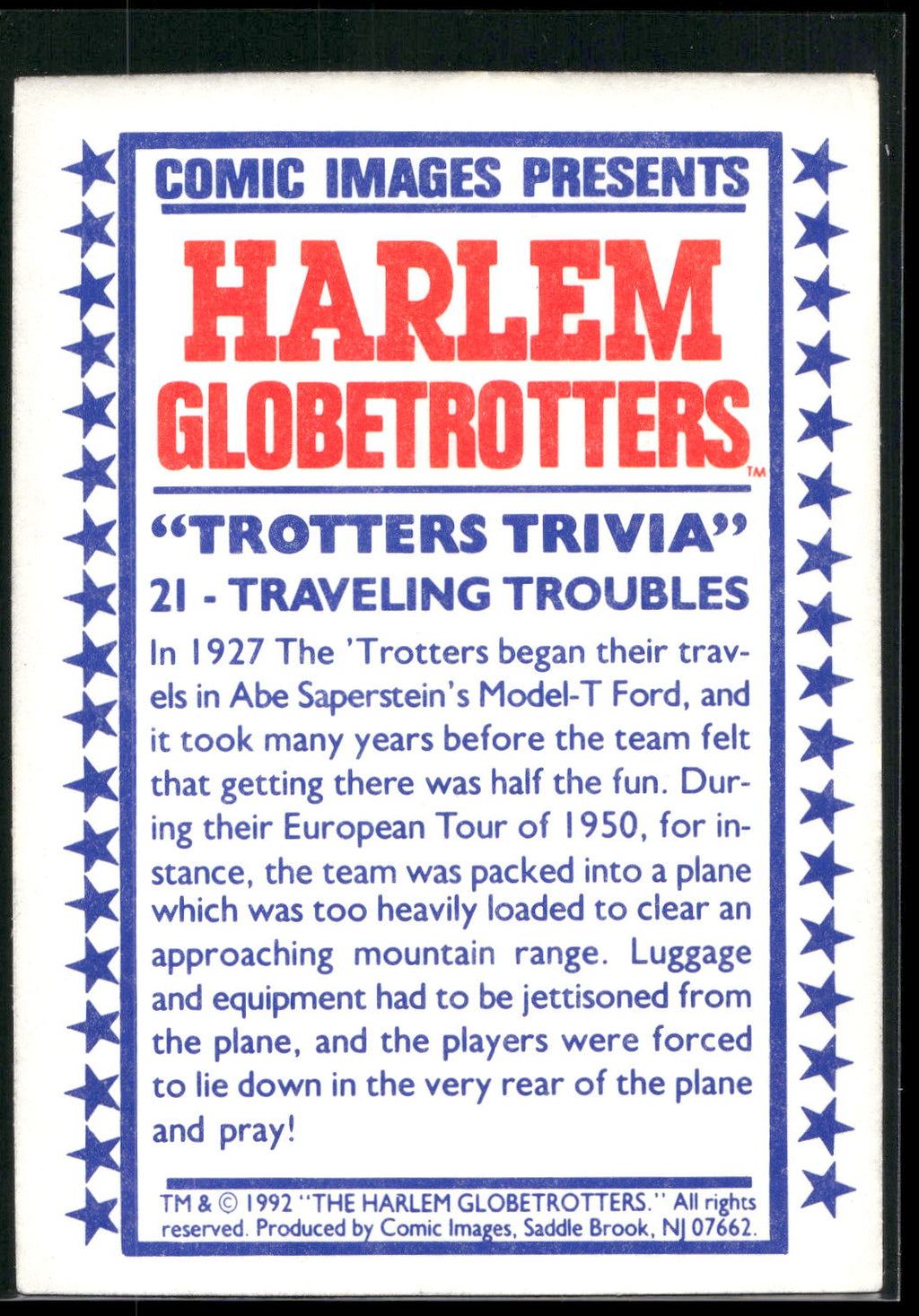 1992 Comic Images Harlem Globetrotters #21 Traveling Troubles