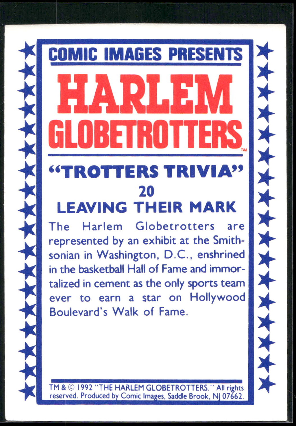 1992 Comic Images Harlem Globetrotters #20 Leaving Their Mark