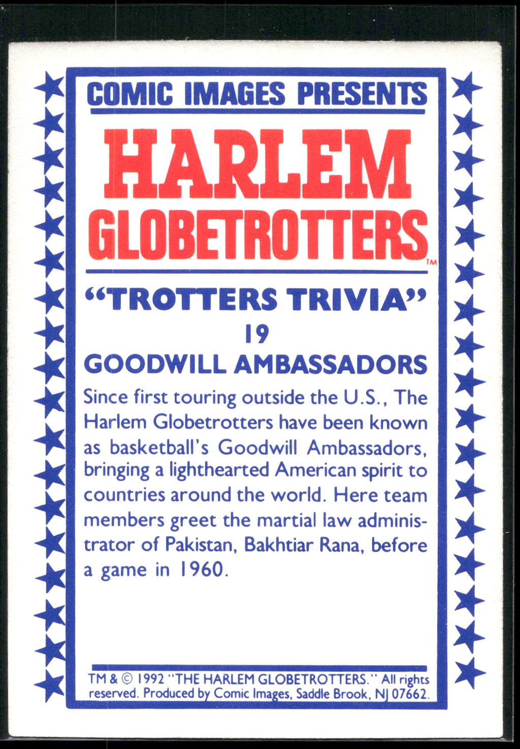 1992 Comic Images Harlem Globetrotters #19 Goodwill Ambassadors