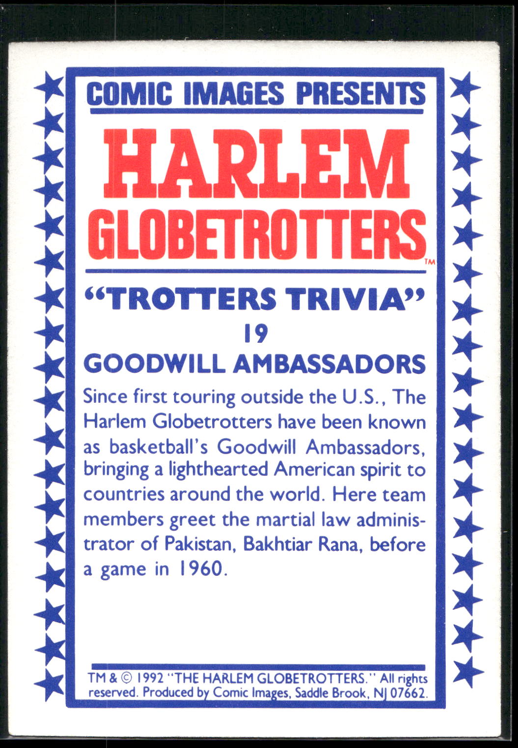 1992 Comic Images Harlem Globetrotters #19 Goodwill Ambassadors