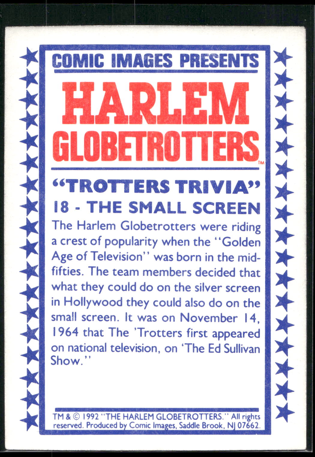 1992 Comic Images Harlem Globetrotters #18 The Small Screen