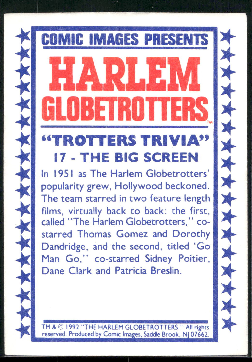 1992 Comic Images Harlem Globetrotters #17 The Big Screen