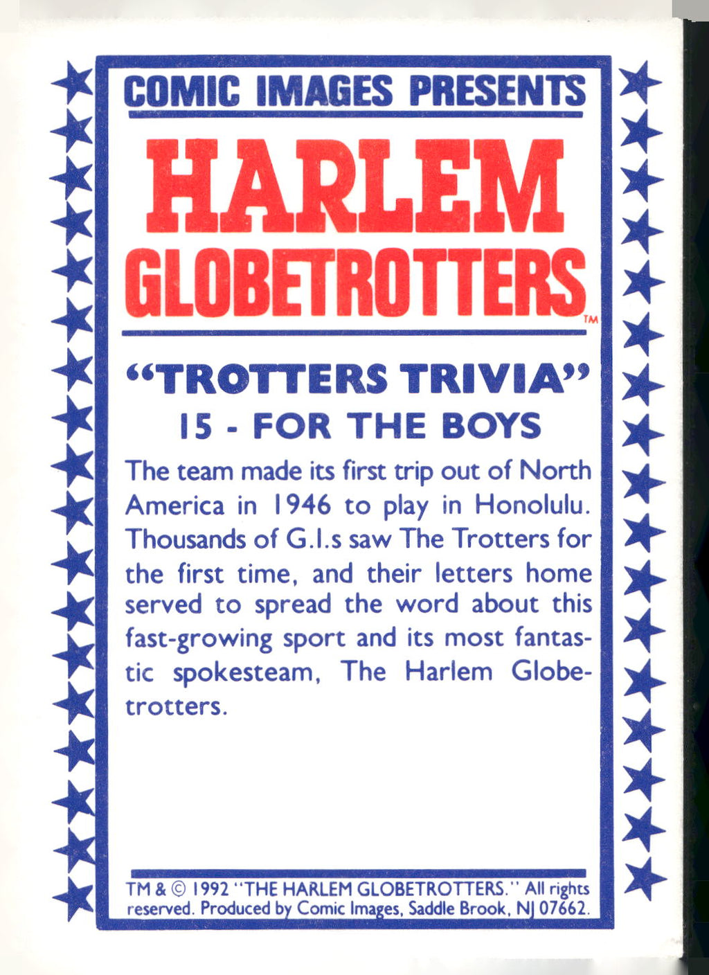 1992 Comic Images Harlem Globetrotters #15 For the Boys