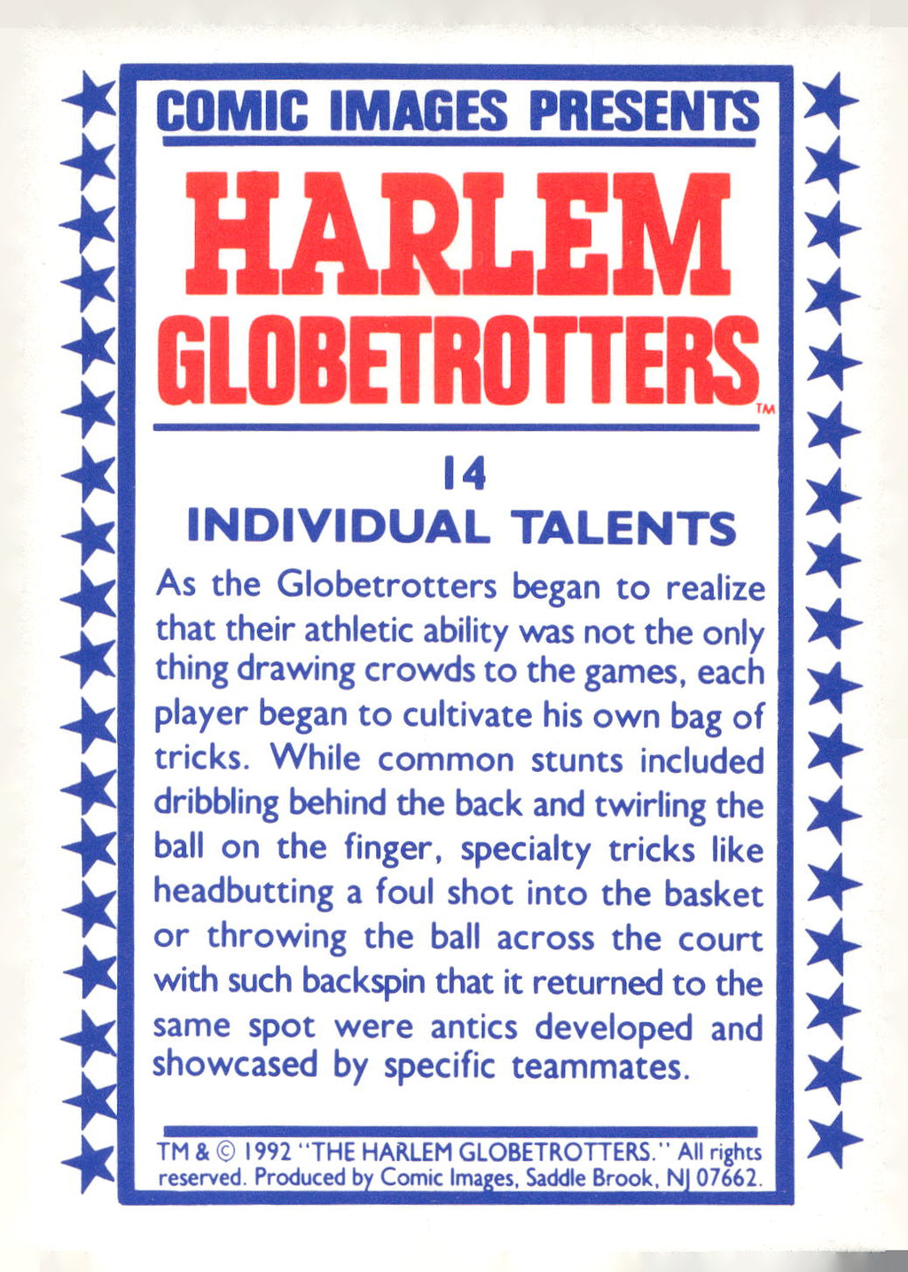 1992 Comic Images Harlem Globetrotters #14 Indivigual Talents