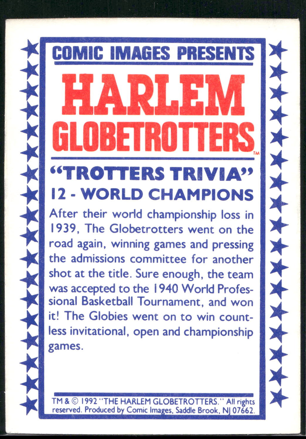 1992 Comic Images Harlem Globetrotters #12 World Champions