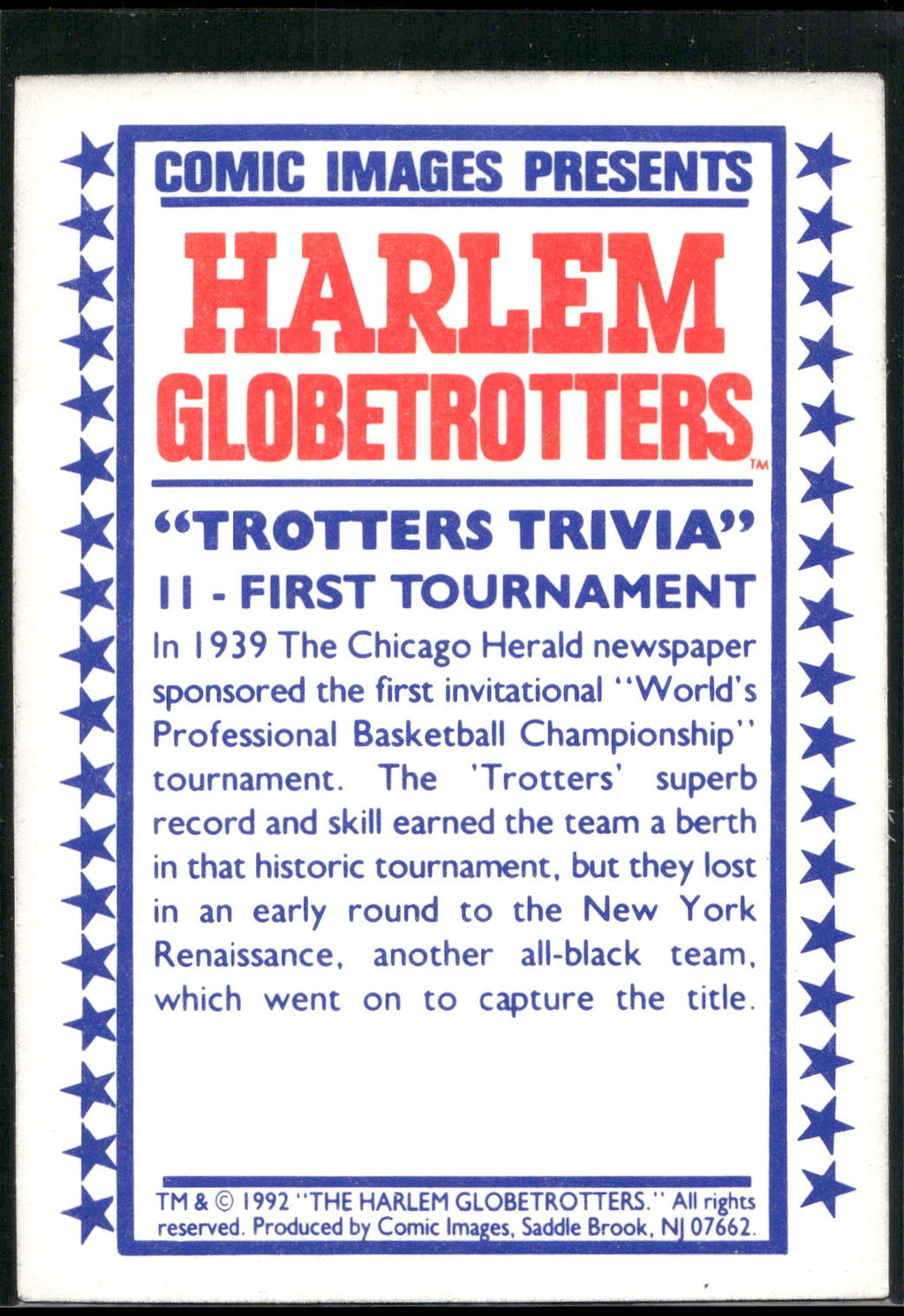 1992 Comic Images Harlem Globetrotters #11 First Tournament