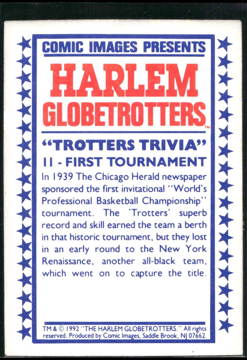 1992 Comic Images Harlem Globetrotters #11 First Tournament