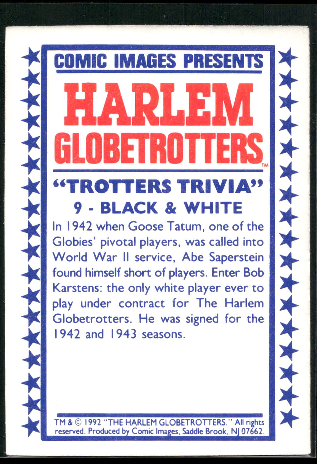 1992 Comic Images Harlem Globetrotters #9 Black and White