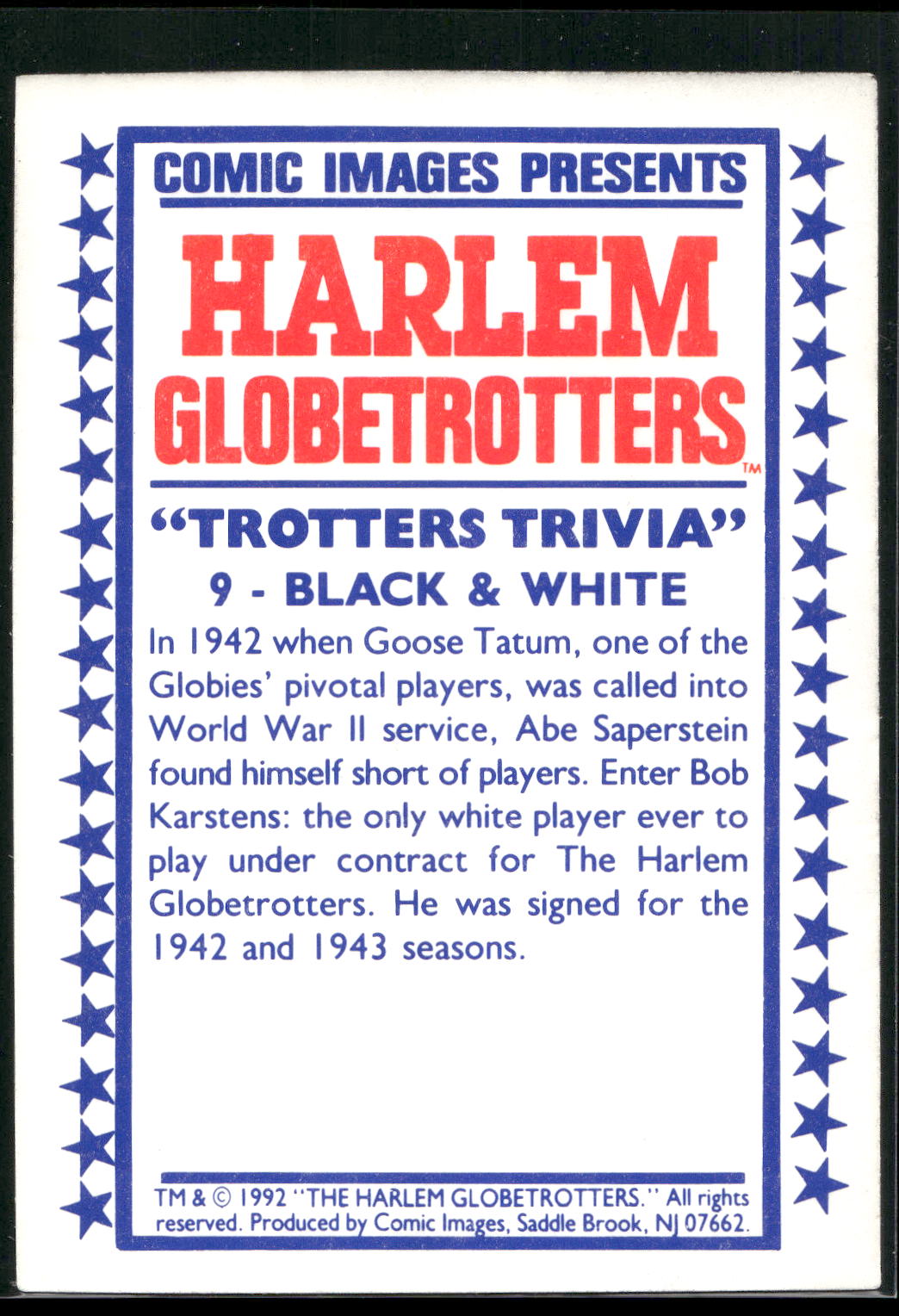 1992 Comic Images Harlem Globetrotters #9 Black and White