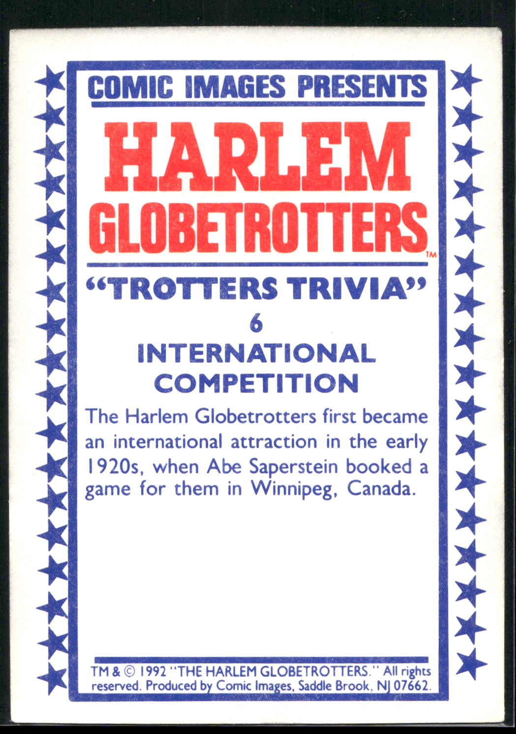 1992 Comic Images Harlem Globetrotters #6 International Competition