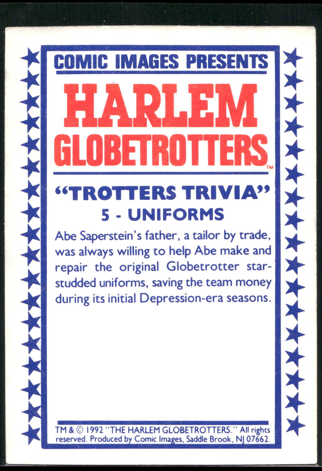 1992 Comic Images Harlem Globetrotters #5 Uniforms