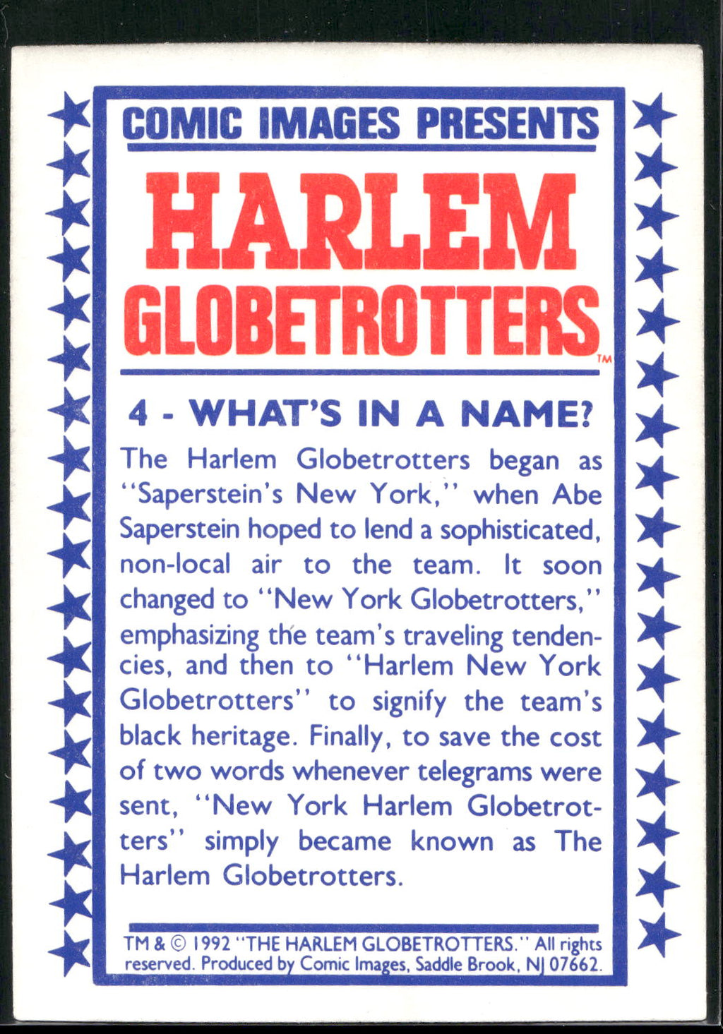1992 Comic Images Harlem Globetrotters #4 What's in a Name?
