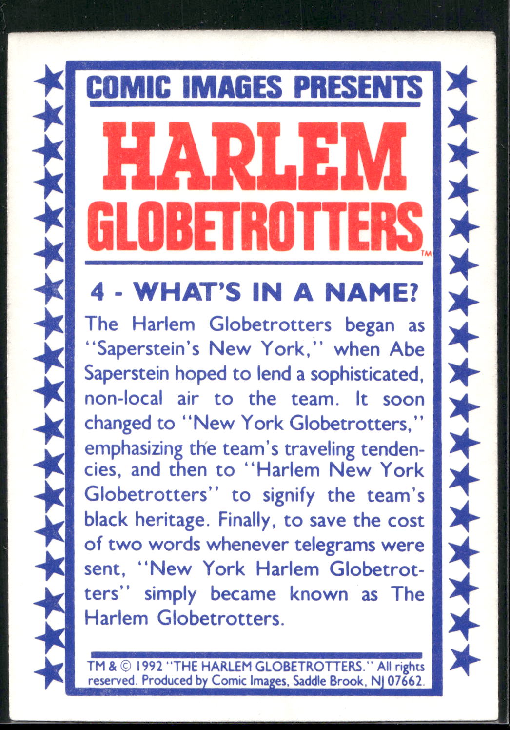 1992 Comic Images Harlem Globetrotters #4 What's in a Name?