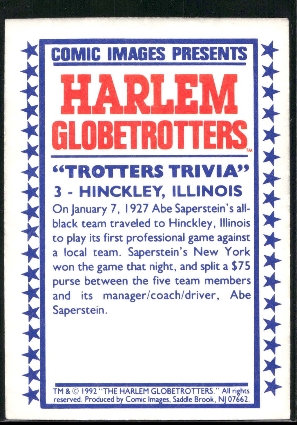 1992 Comic Images Harlem Globetrotters #3 Hinkley, Illinois