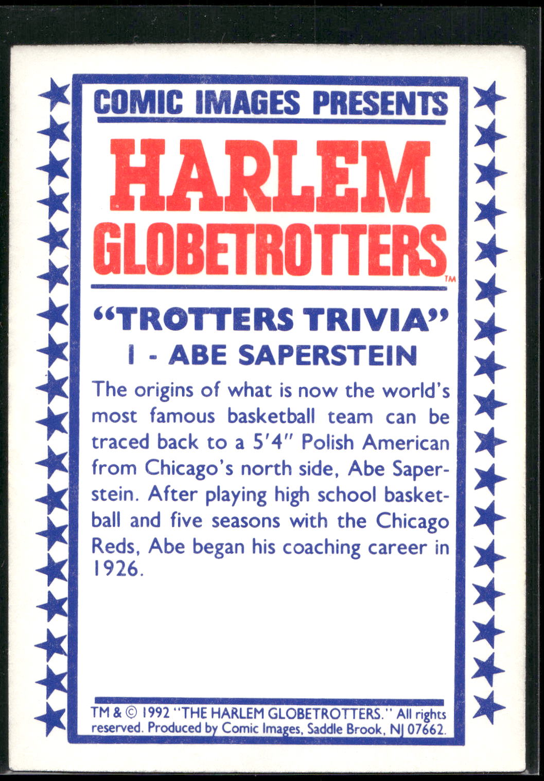 1992 Comic Images Harlem Globetrotters #1 Abe Saperstein