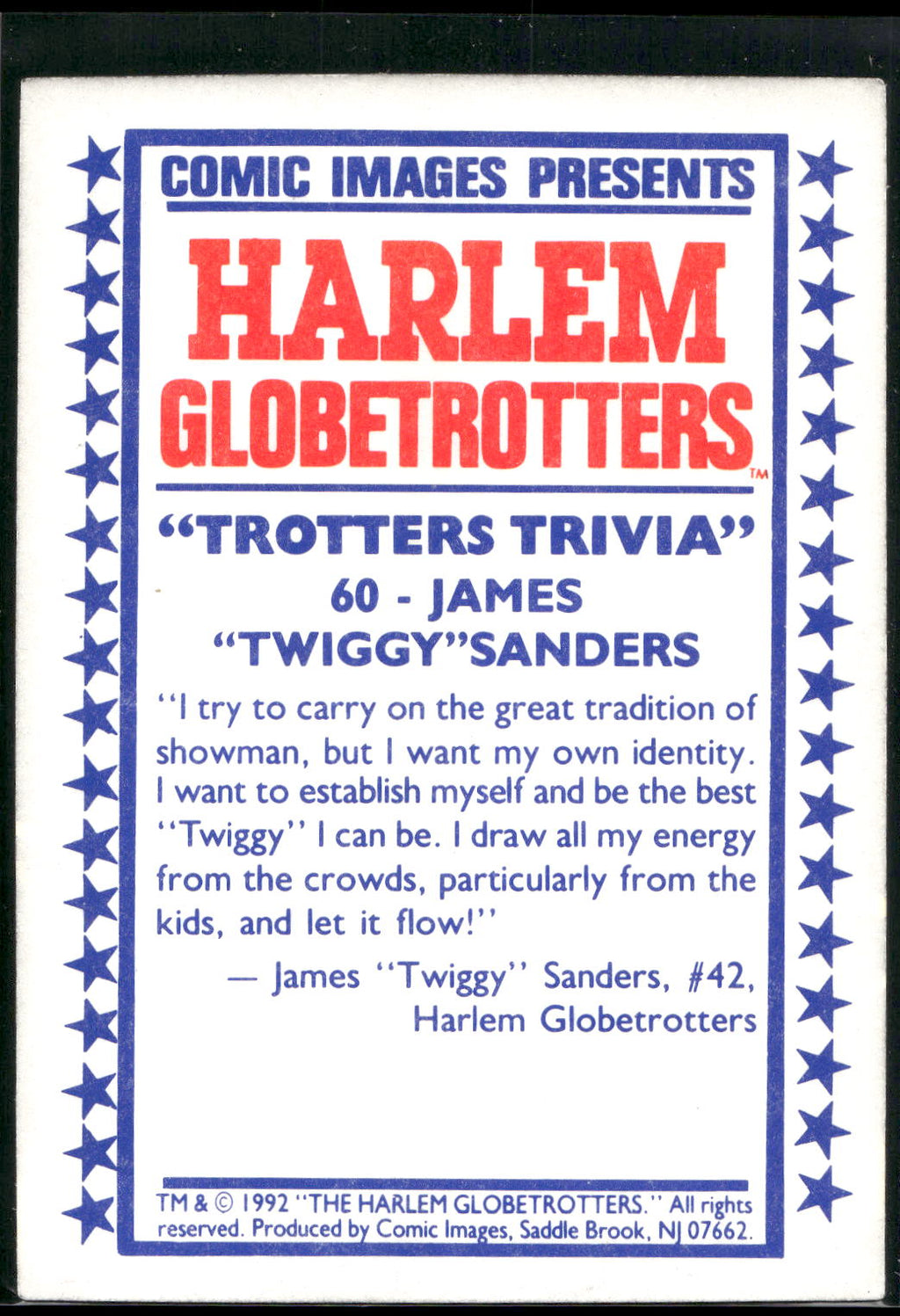 1992 Comic Images Harlem Globetrotters #60 James "Twiggy" Sanders