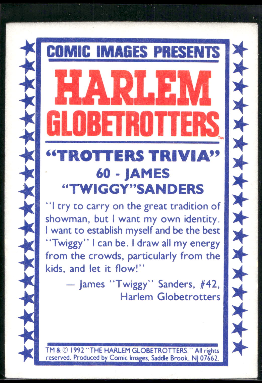 1992 Comic Images Harlem Globetrotters #60 James "Twiggy" Sanders