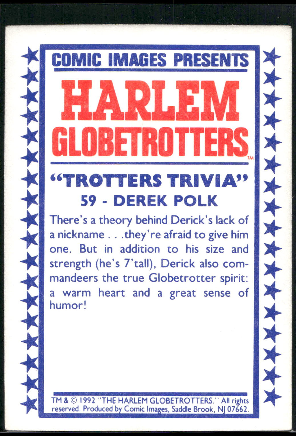 1992 Comic Images Harlem Globetrotters #59 Derek Polk