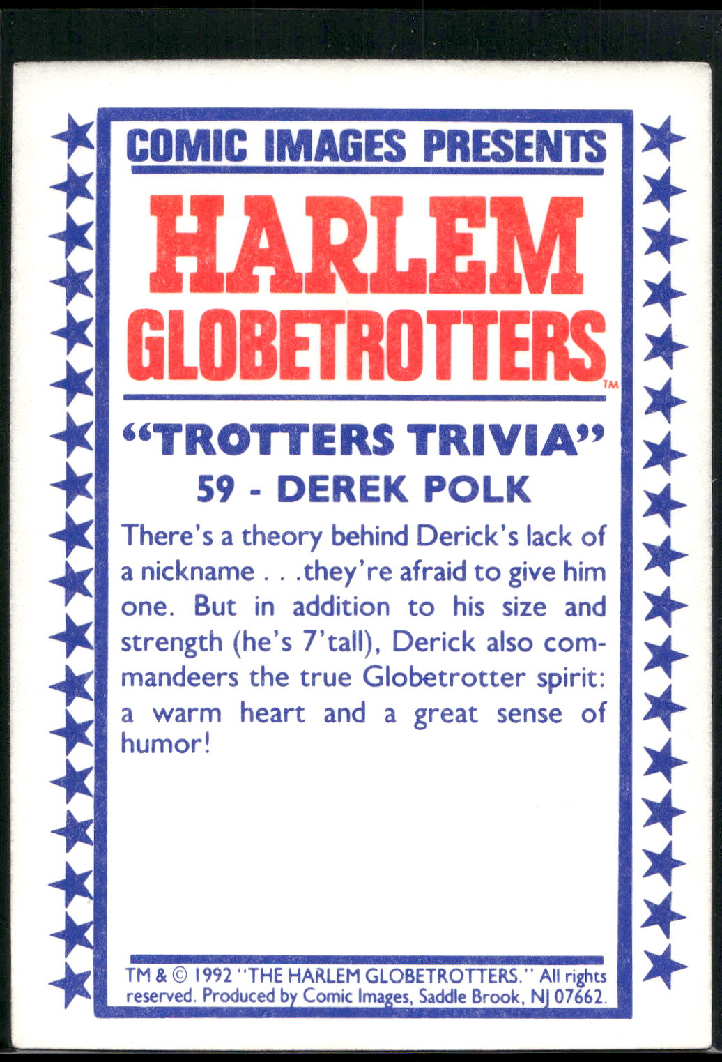 1992 Comic Images Harlem Globetrotters #59 Derek Polk