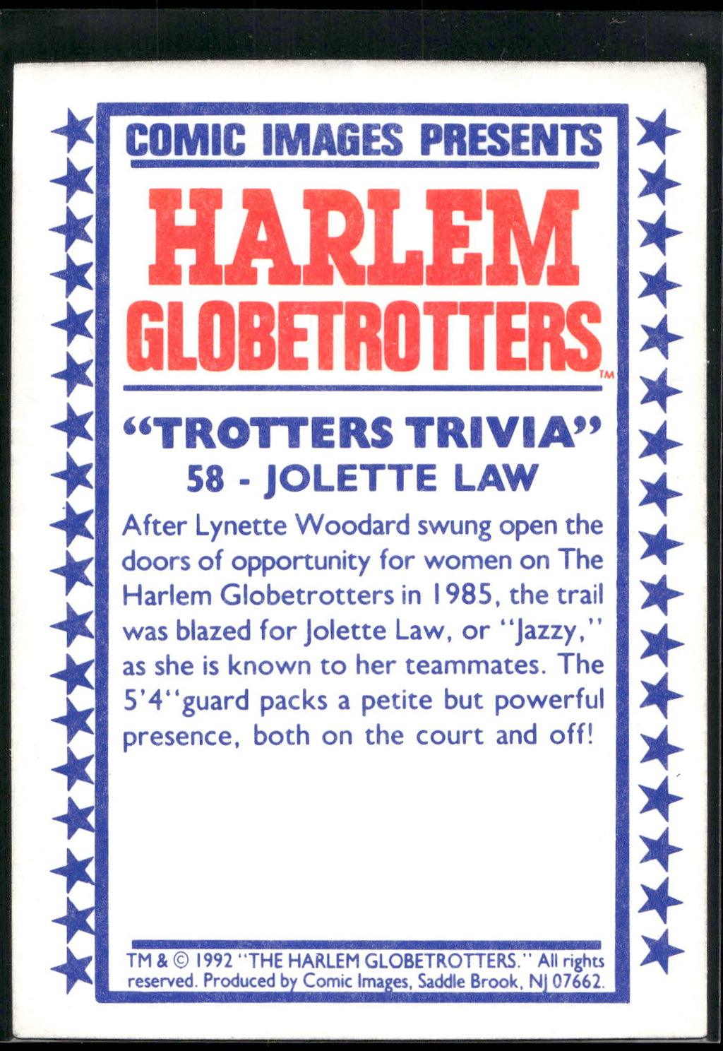 1992 Comic Images Harlem Globetrotters #58 Jolette Law