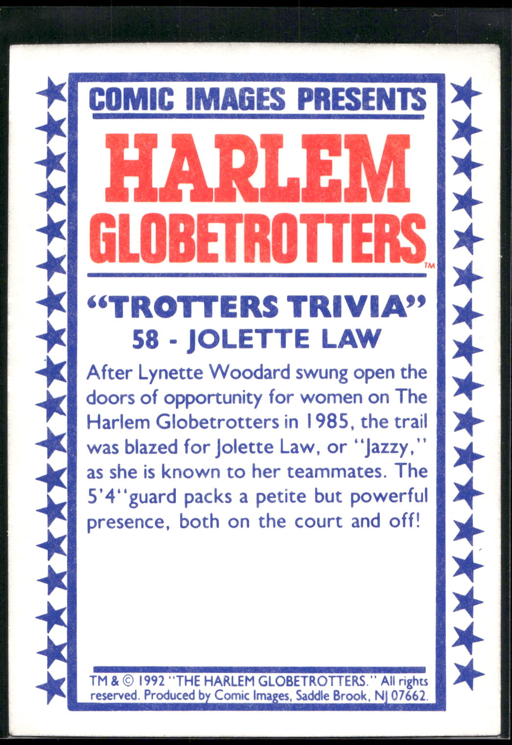 1992 Comic Images Harlem Globetrotters #58 Jolette Law