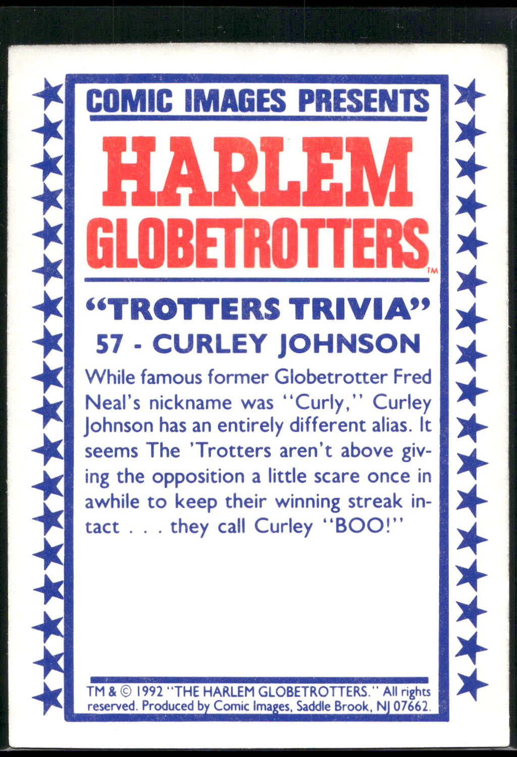 1992 Comic Images Harlem Globetrotters #57 Curley Johnson
