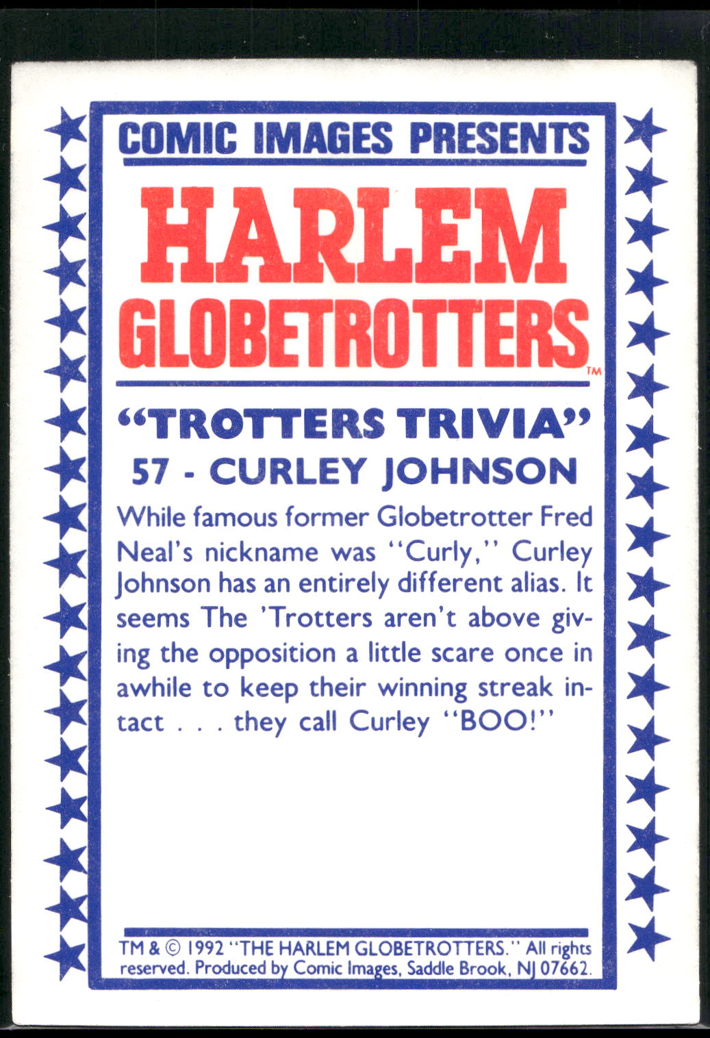 1992 Comic Images Harlem Globetrotters #57 Curley Johnson