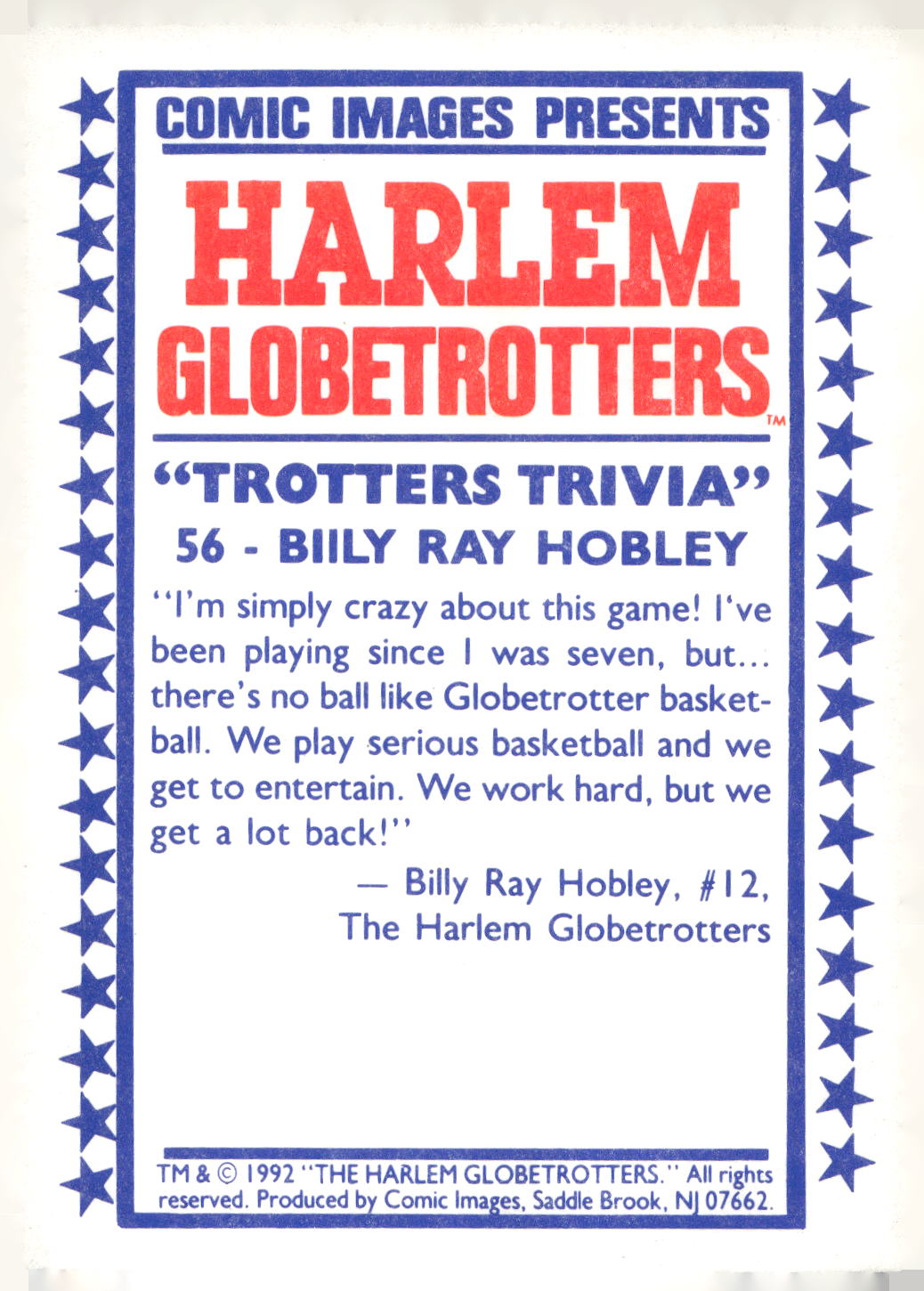 1992 Comic Images Harlem Globetrotters #56 Billy Ray Hobley
