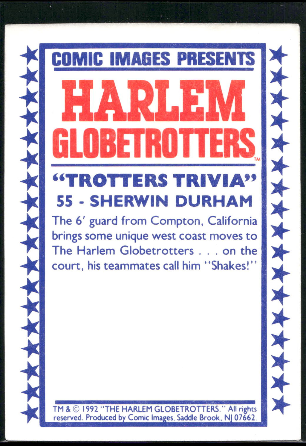 1992 Comic Images Harlem Globetrotters #55 Sherwin Durham