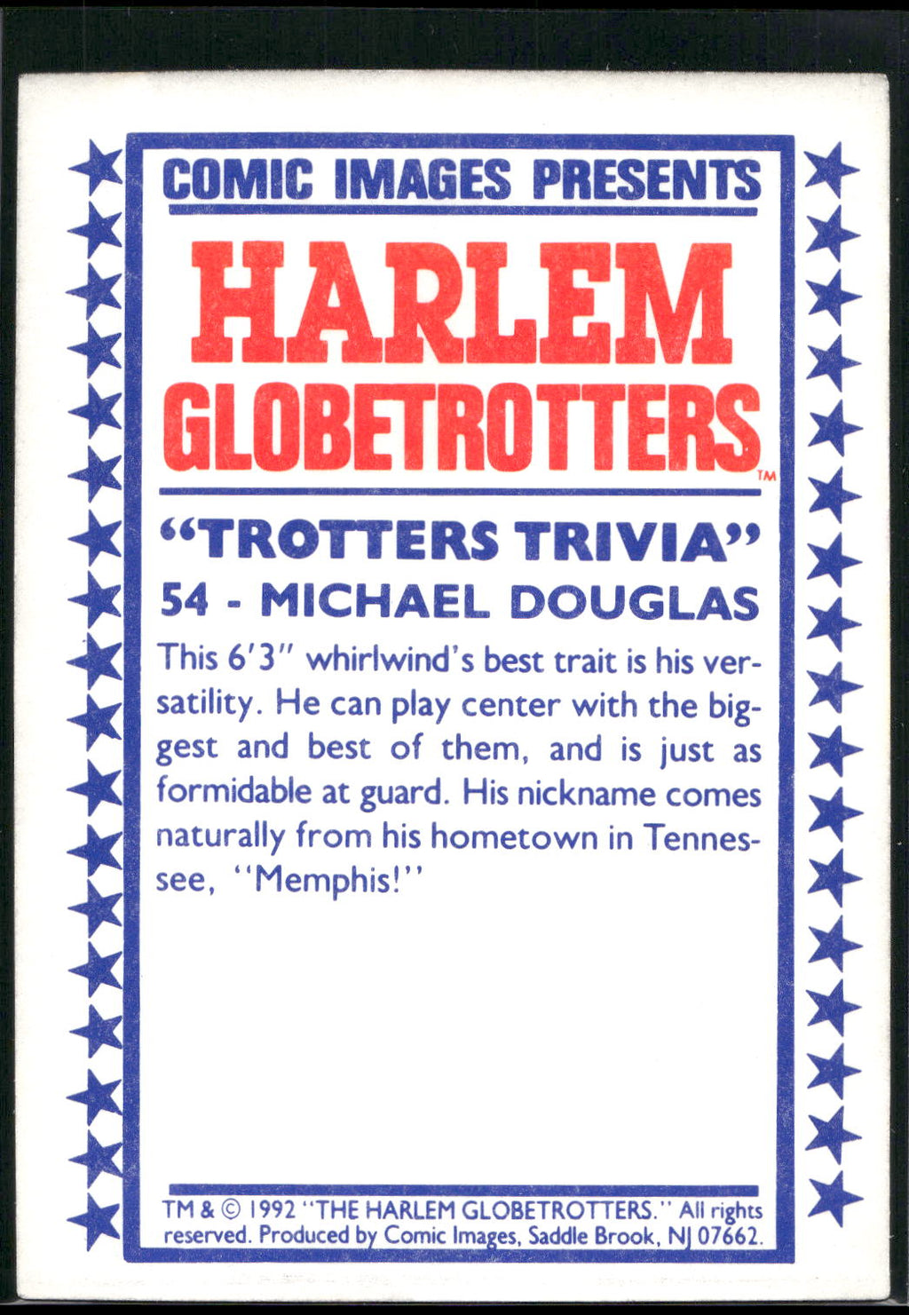 1992 Comic Images Harlem Globetrotters #54 Michael Douglas