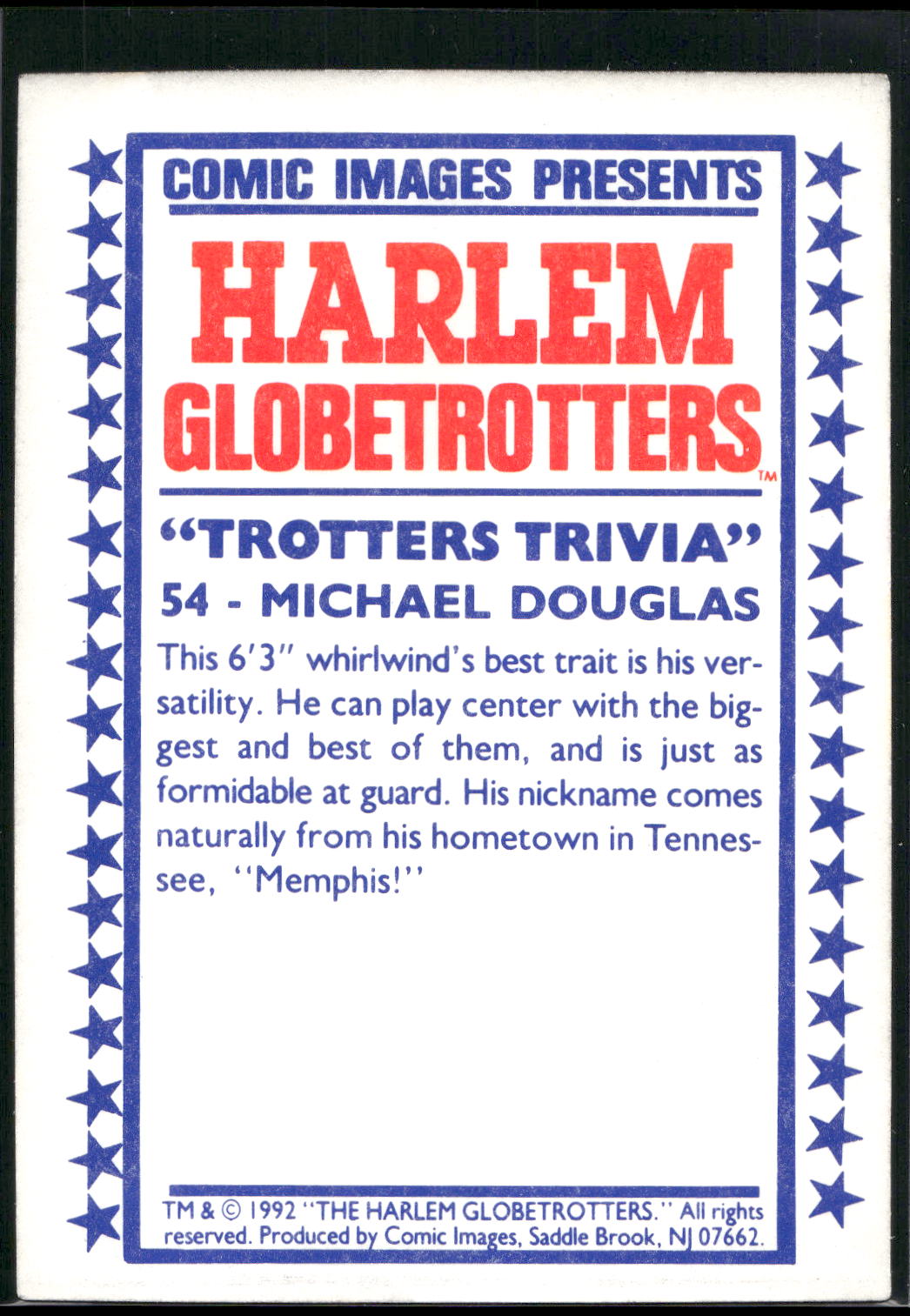 1992 Comic Images Harlem Globetrotters #54 Michael Douglas