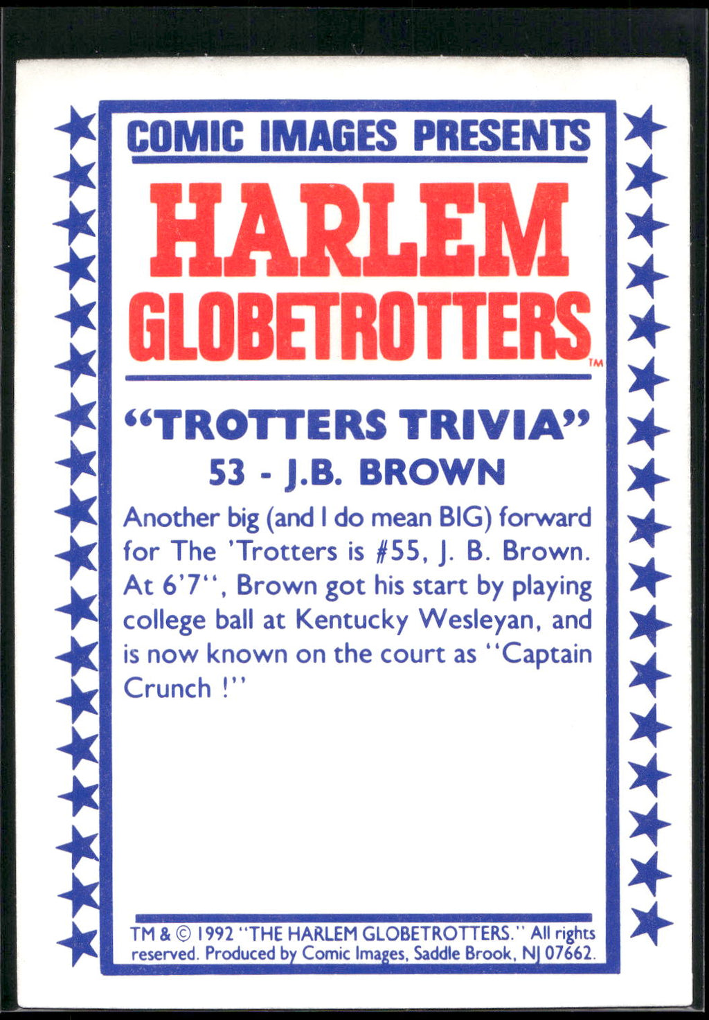 1992 Comic Images Harlem Globetrotters #53 J.B. Brown