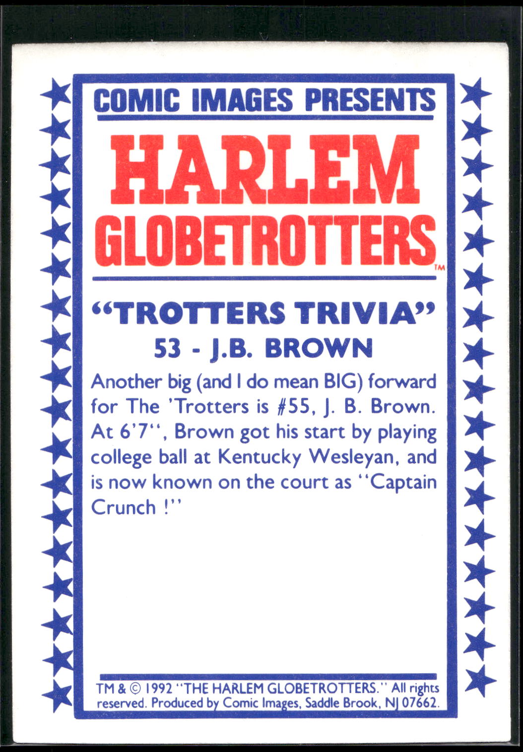 1992 Comic Images Harlem Globetrotters #53 J.B. Brown