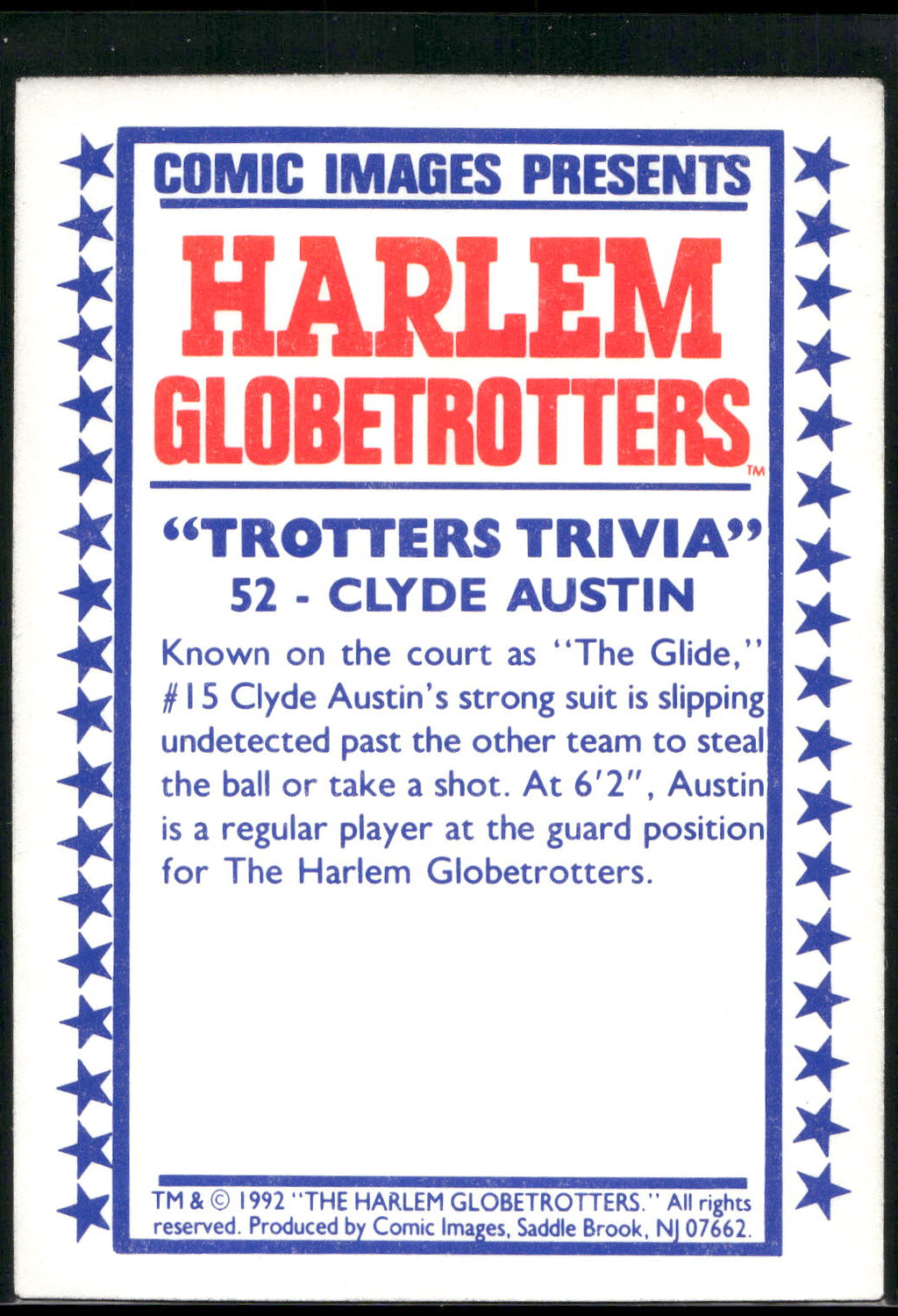 1992 Comic Images Harlem Globetrotters #52 Clyde Austin
