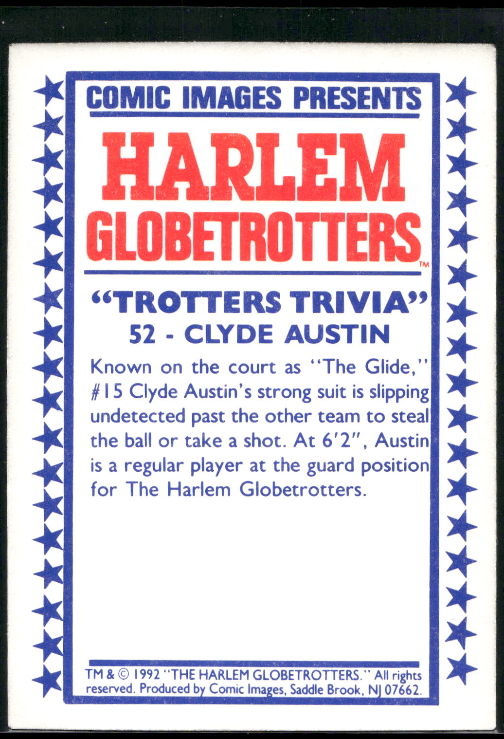 1992 Comic Images Harlem Globetrotters #52 Clyde Austin