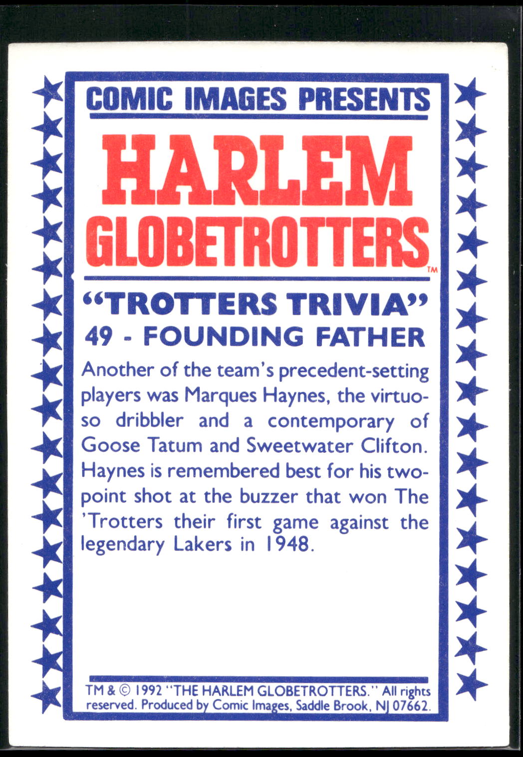 1992 Comic Images Harlem Globetrotters #49 Founding Father
