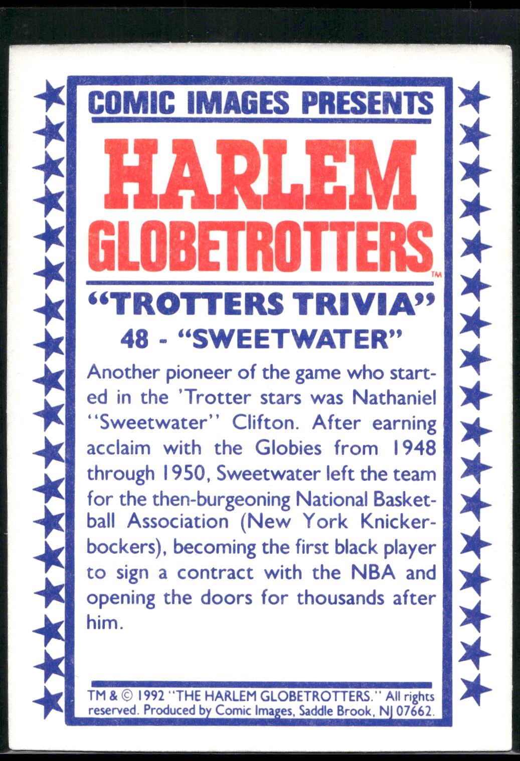 1992 Comic Images Harlem Globetrotters #48 "Sweetwater"