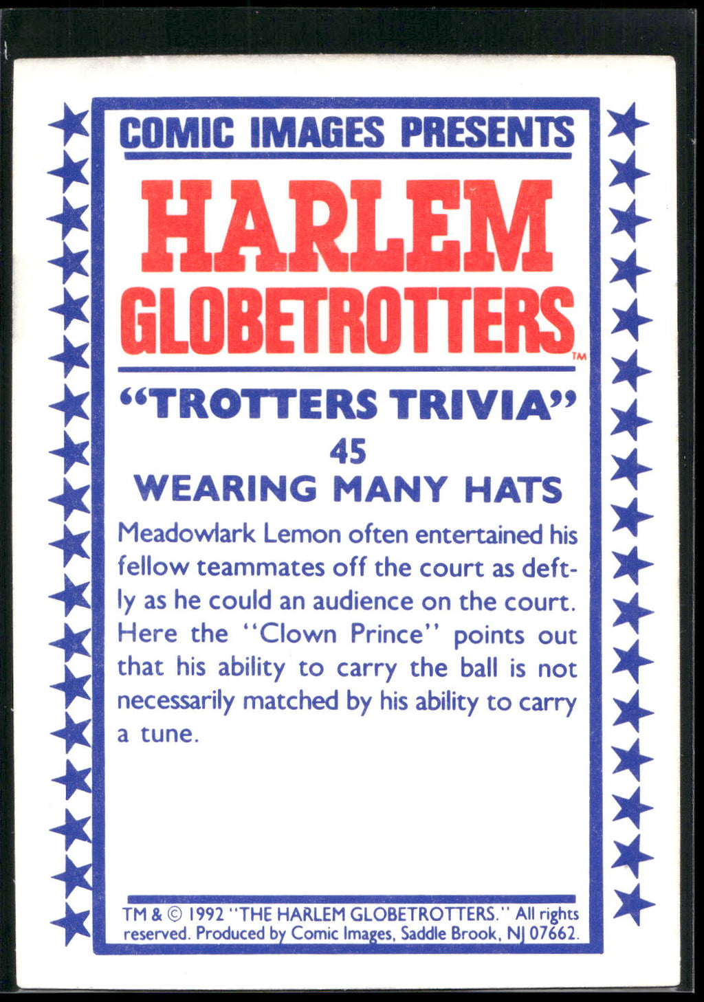1992 Comic Images Harlem Globetrotters #45 Wearing Many Hats