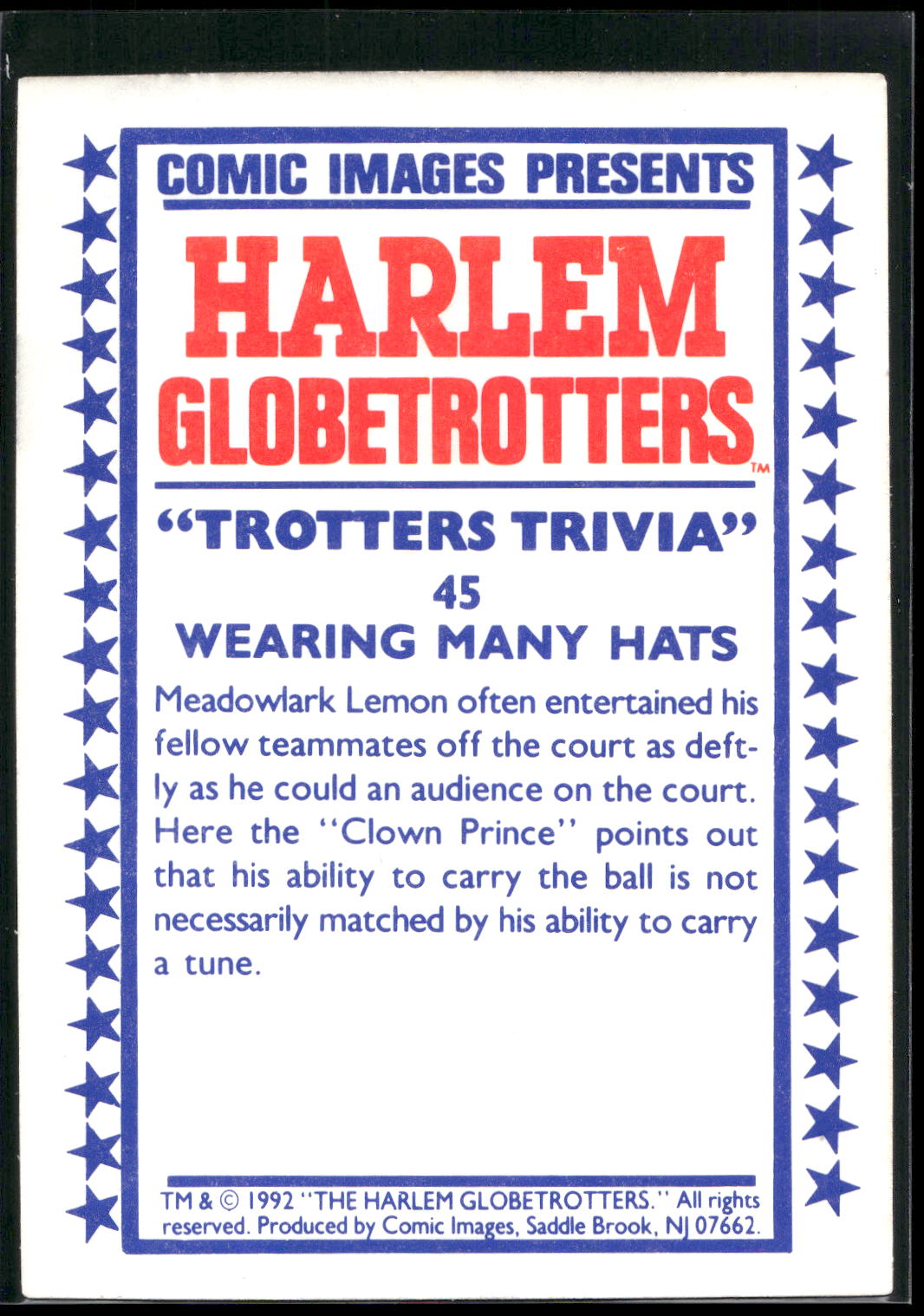 1992 Comic Images Harlem Globetrotters #45 Wearing Many Hats