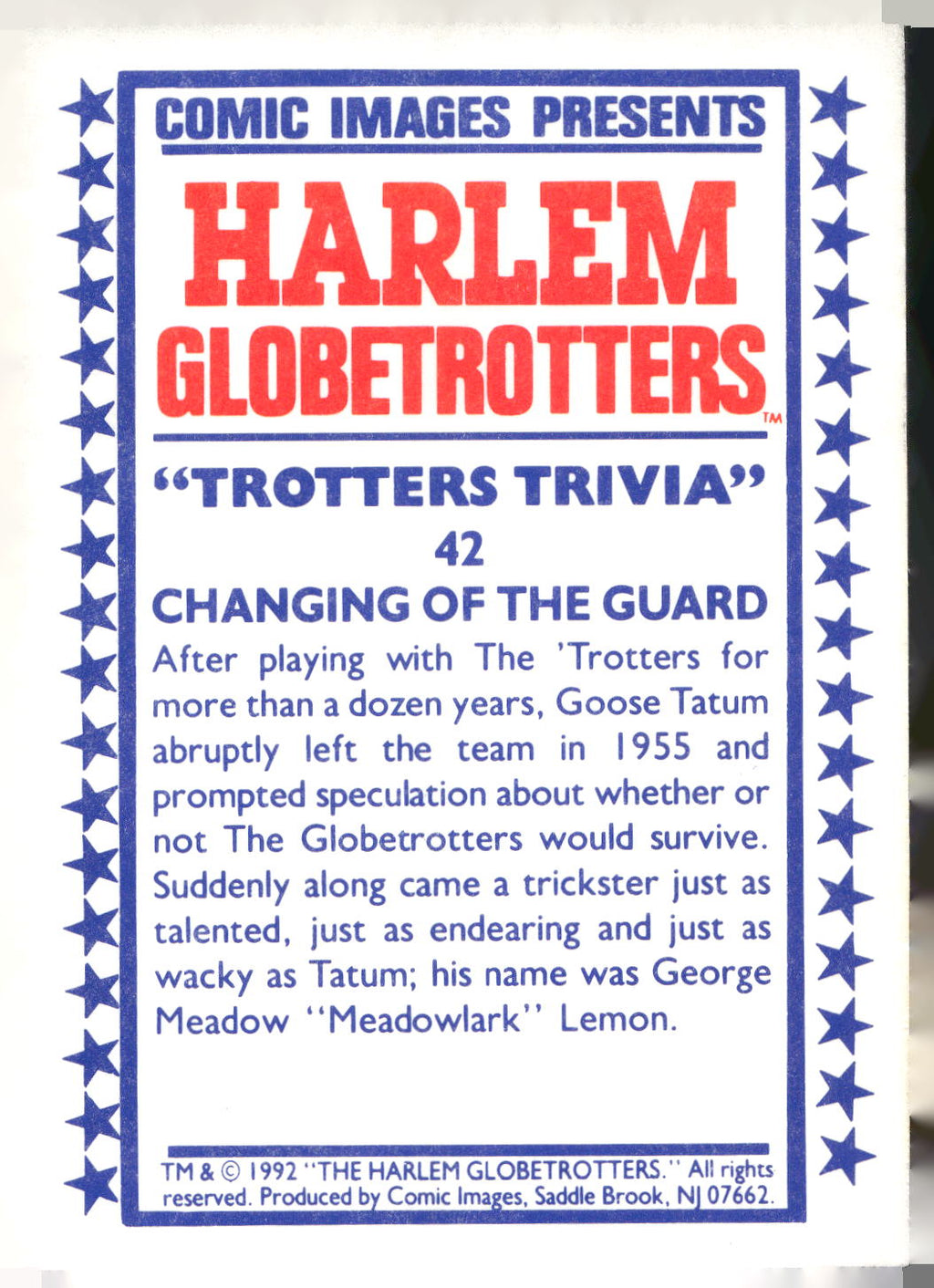 1992 Comic Images Harlem Globetrotters #42 Changing of the Guard