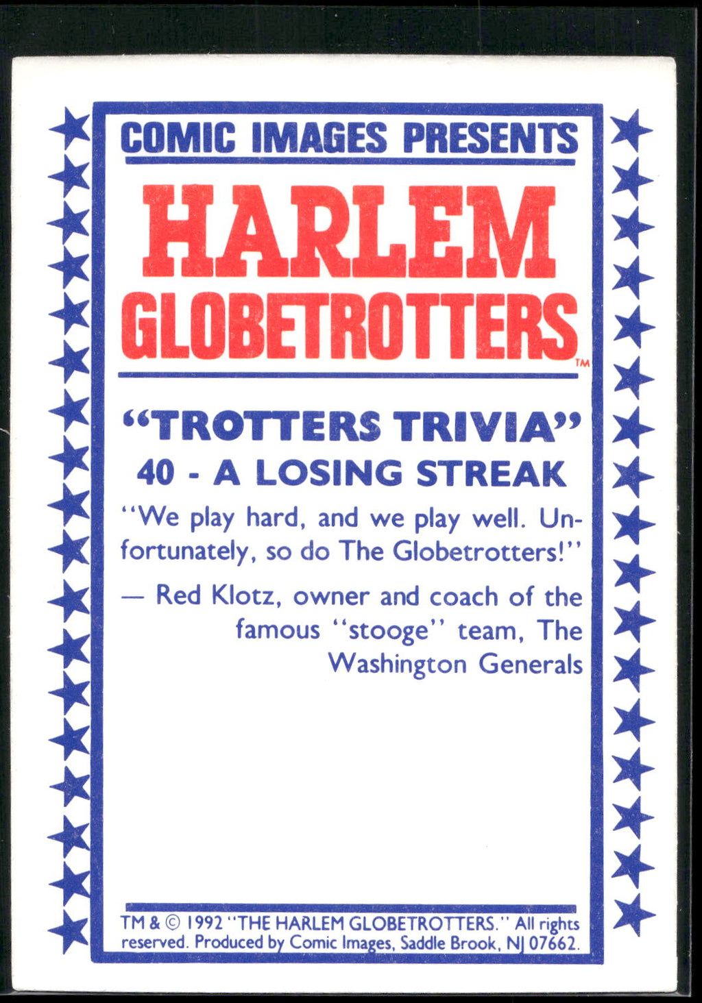 1992 Comic Images Harlem Globetrotters #40 A Losing Streak