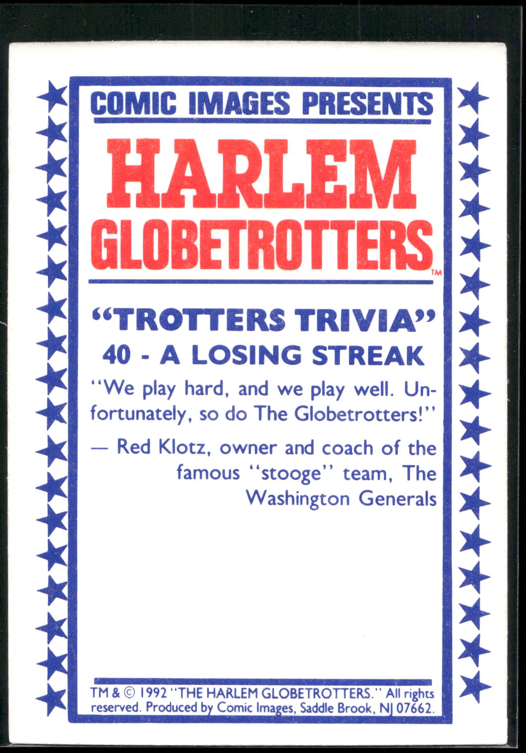 1992 Comic Images Harlem Globetrotters #40 A Losing Streak