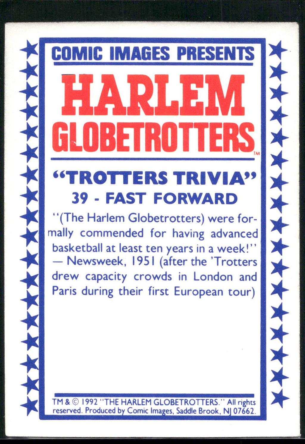 1992 Comic Images Harlem Globetrotters #39 Fast Forward