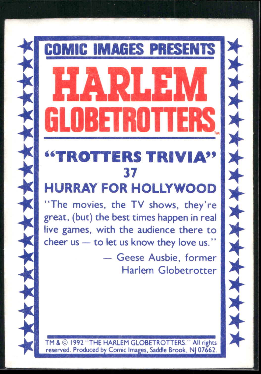 1992 Comic Images Harlem Globetrotters #37 Hurray for Hollywood