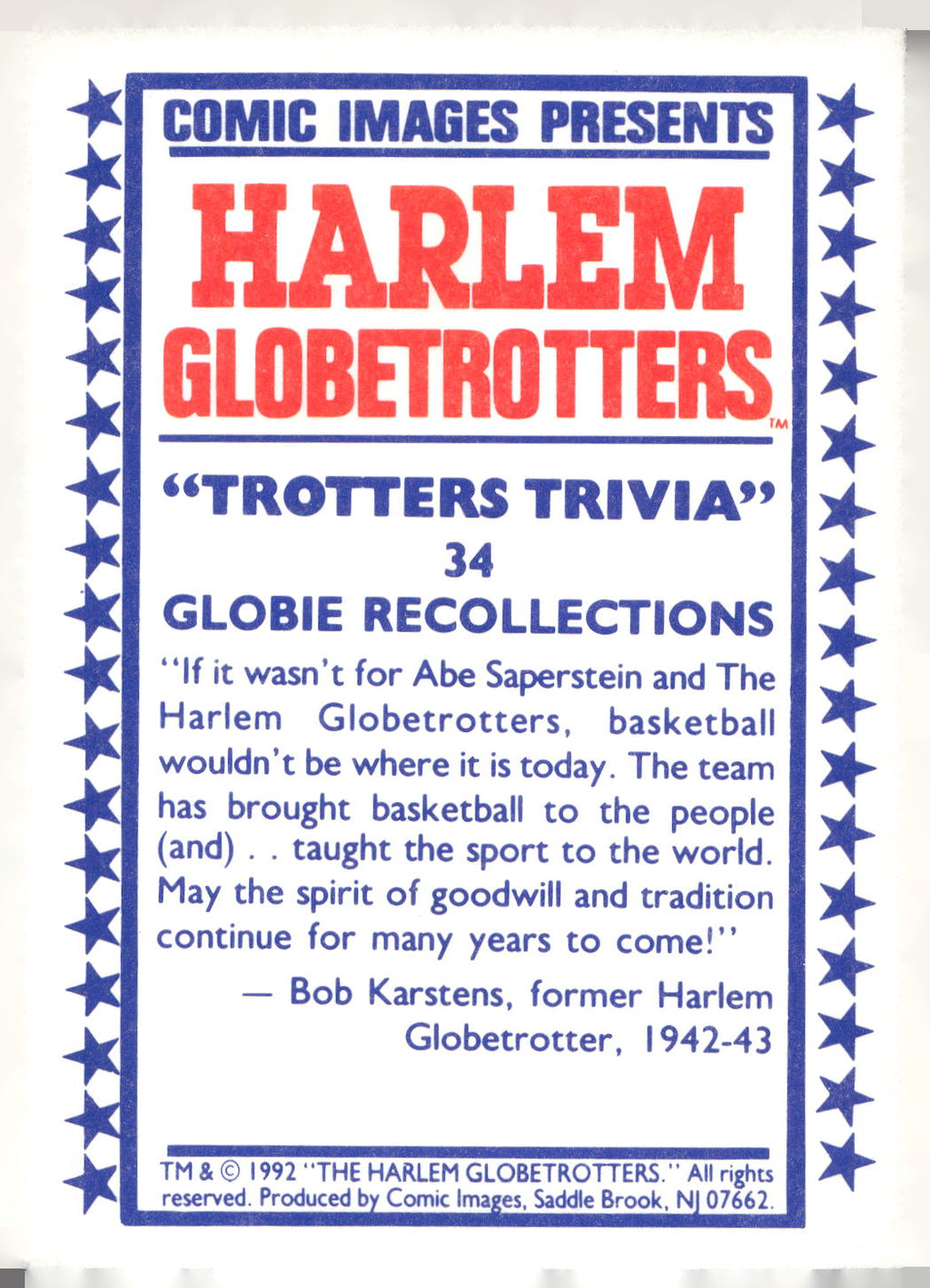 1992 Comic Images Harlem Globetrotters #34 Globie Recollections